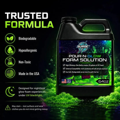 SurgeFX Pour-N-Glow UV foam solution with glowing visual highlights that emphasize UV performance.