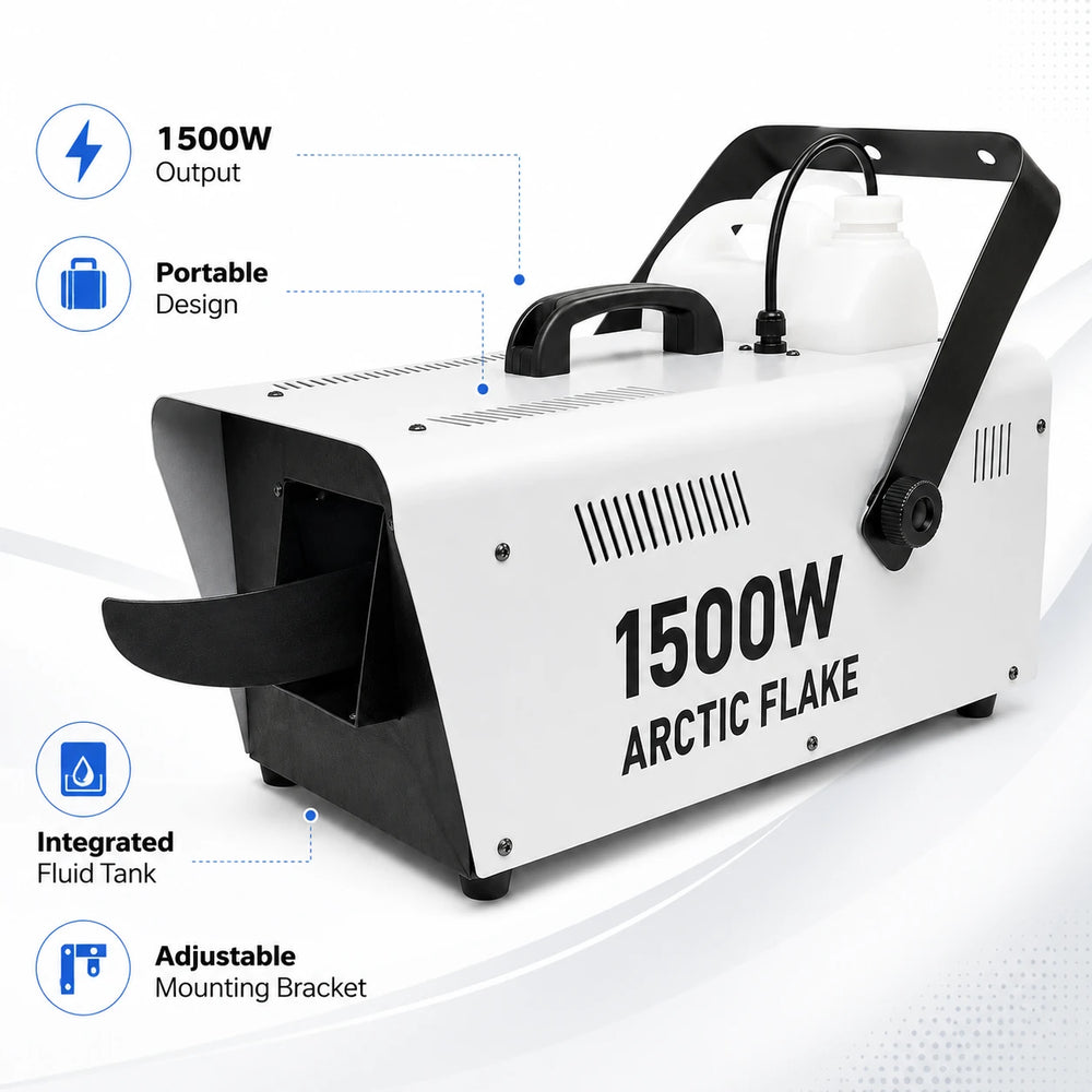 Arctic Flake 1500W snow machine overview with portable design, integrated fluid tank, and adjustable mounting bracket.