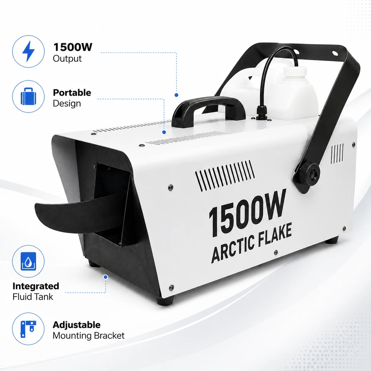 Arctic Flake 1500W snow machine overview with portable design, integrated fluid tank, and adjustable mounting bracket.