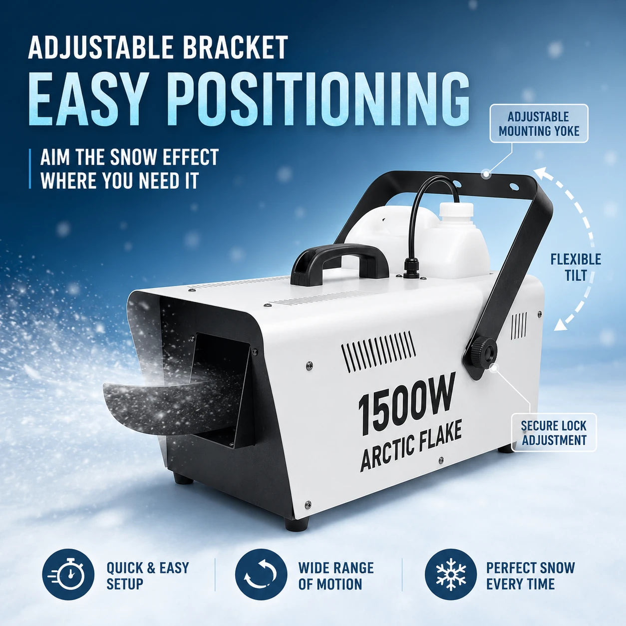 Arctic Flake snow machine with adjustable mounting yoke for flexible positioning and precise snow coverage.