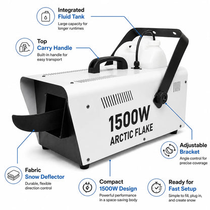 Arctic Flake compact 1500W snow machine highlighting its fluid tank, carry handle, fabric deflector, and adjustable bracket.