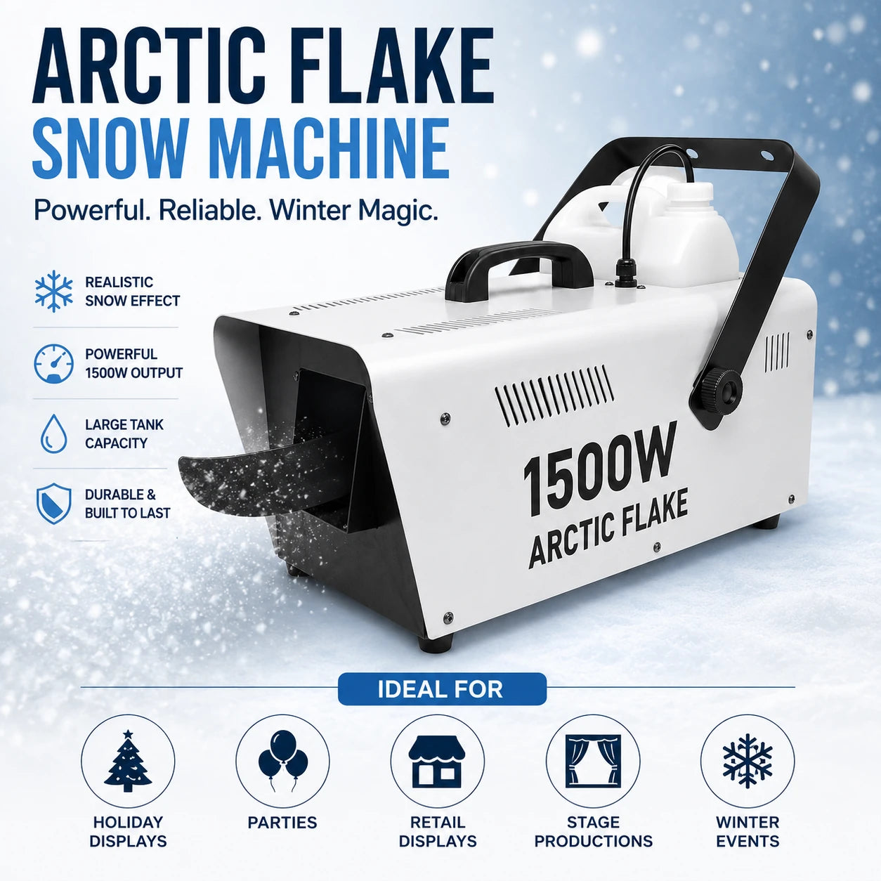 Arctic Flake snow machine ideal for holiday displays, parties, retail displays, stage productions, and winter events.