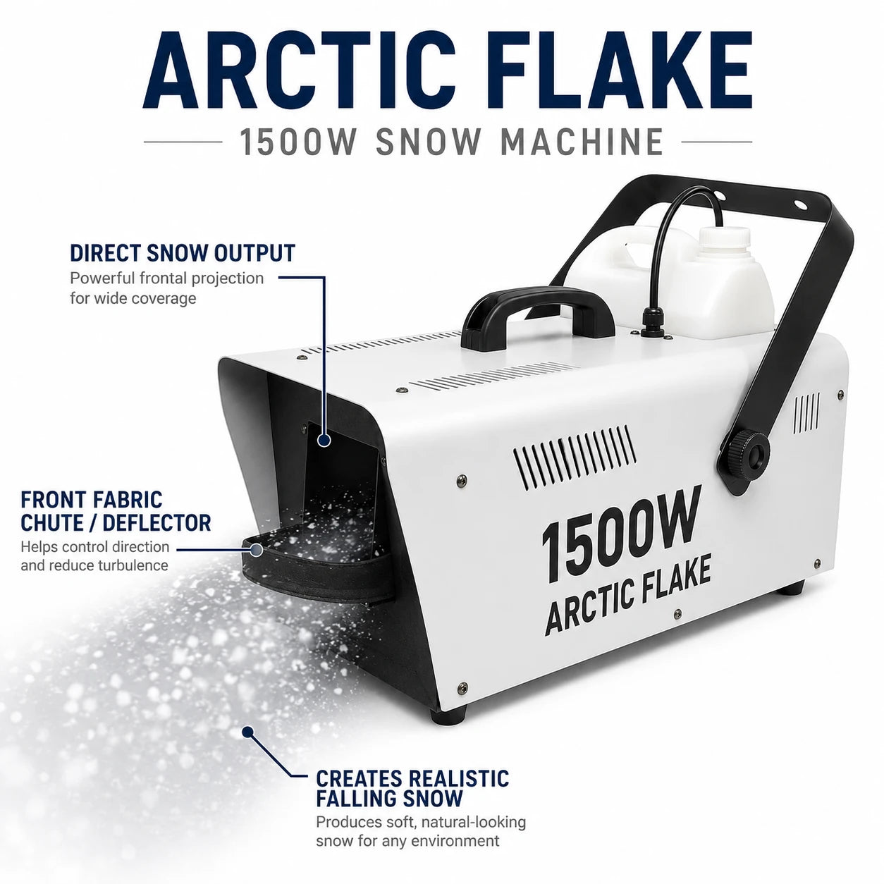 Arctic Flake snow machine showing direct snow output and the front fabric snow deflector.