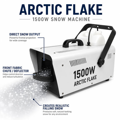 Arctic Flake snow machine showing direct snow output and the front fabric snow deflector.