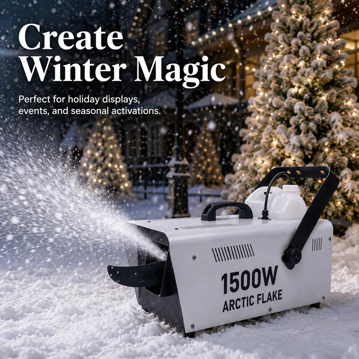 Arctic Flake snow machine creating a realistic snow effect for holiday displays and winter events.