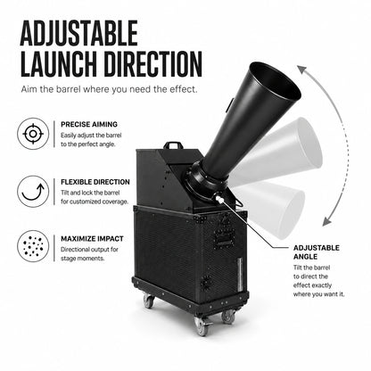 Big Bang confetti launcher showing adjustable launch direction for precise confetti placement.