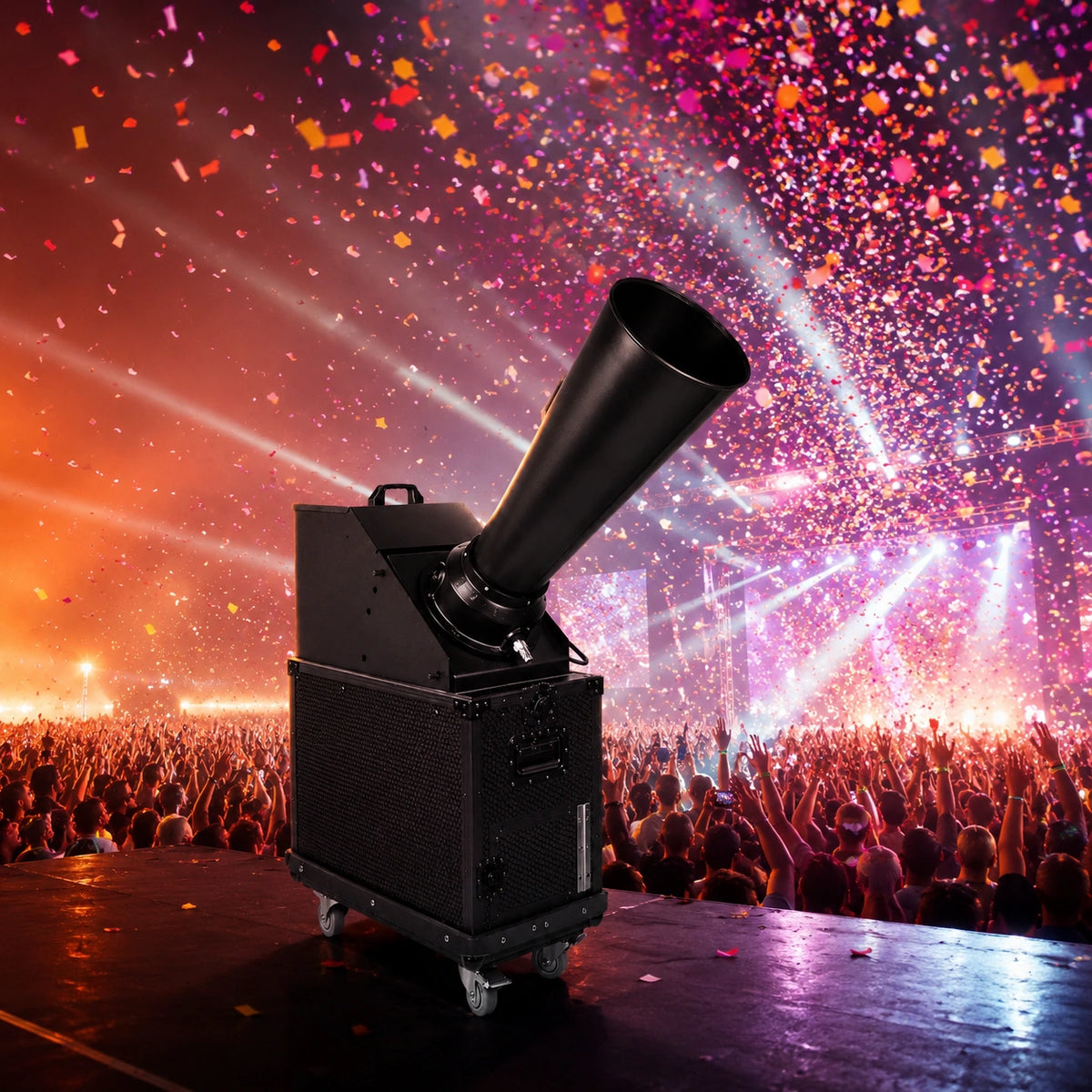 Big Bang confetti launcher creating a high-impact confetti finale at a concert.