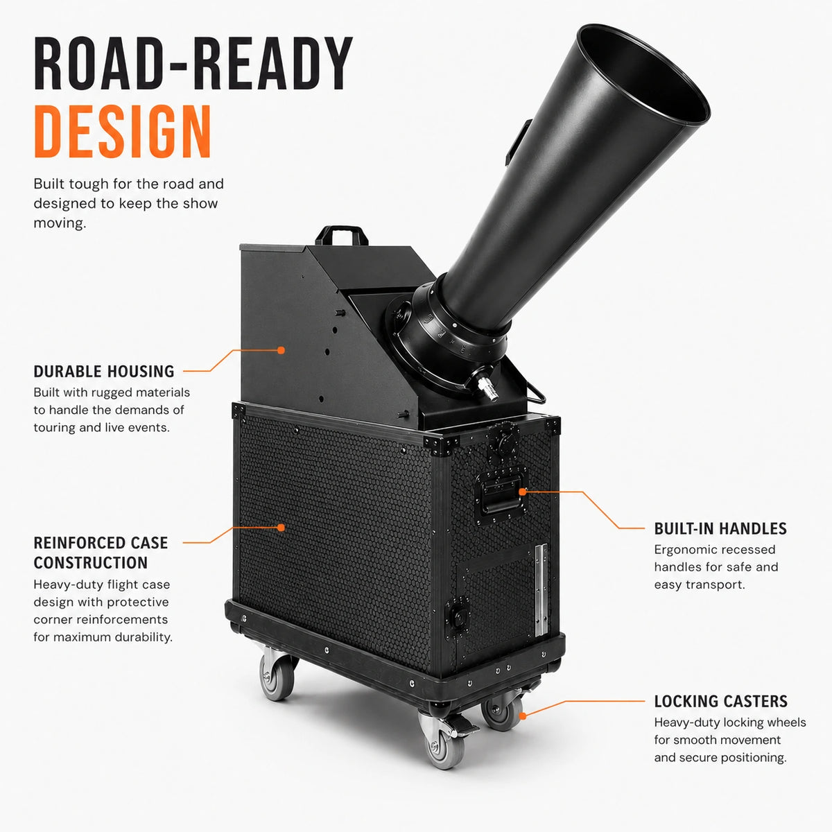 Big Bang confetti launcher highlighting road-ready durability for concerts, clubs, and live events.