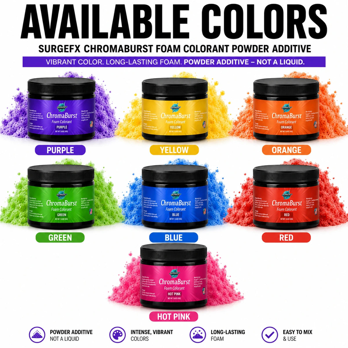 ChromaBurst foam colorant available colors - SurgeFX