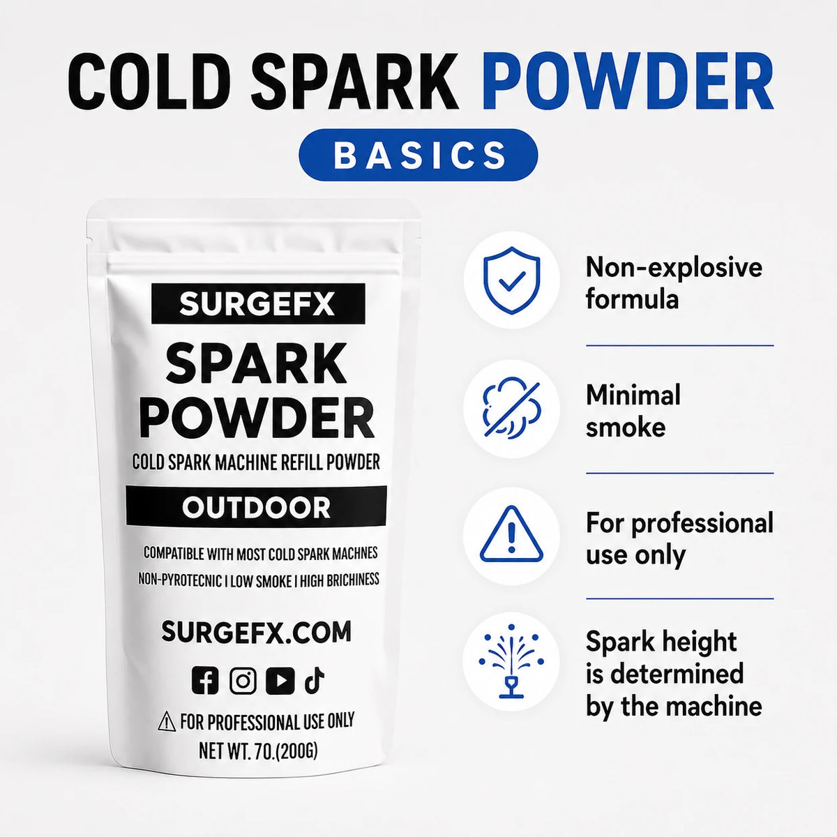 Cold Spark Powder Outdoor Edition at-a-glance overview with 7 ounce weight, 10 to 15 minute run time, titanium composite granules, and compatibility details.