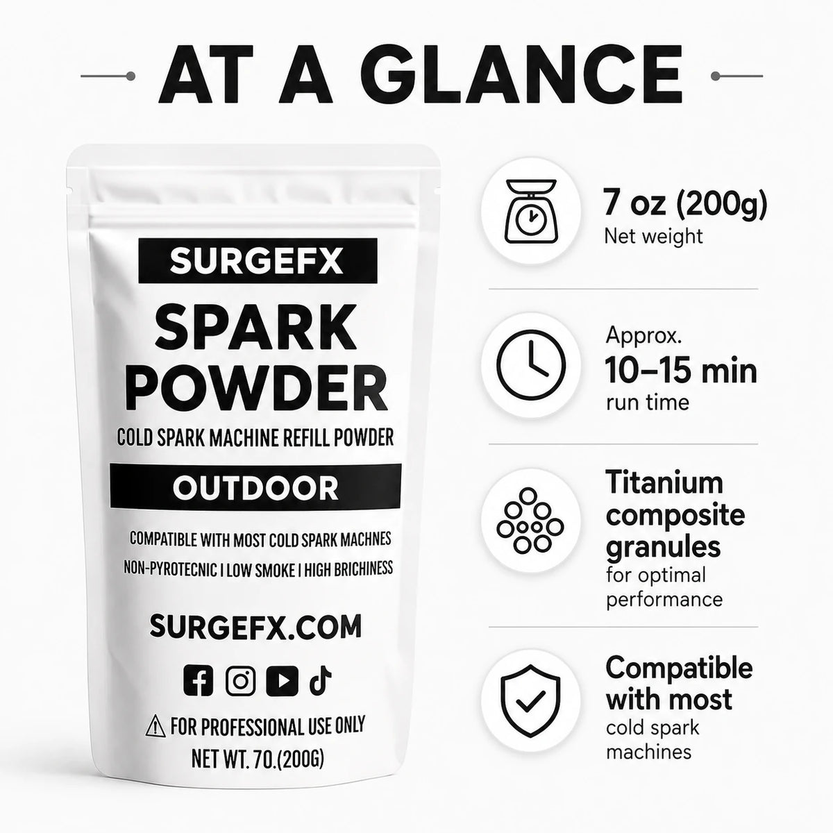 Cold Spark Powder Outdoor Edition basics including non-explosive formula, minimal smoke, professional use only, and machine-determined spark height.