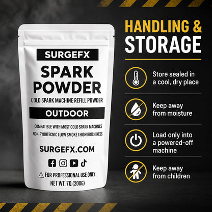 Cold Spark Powder Outdoor Edition handling and storage instructions including cool dry storage, moisture protection, loading into powered-off machines, and keeping away from children.