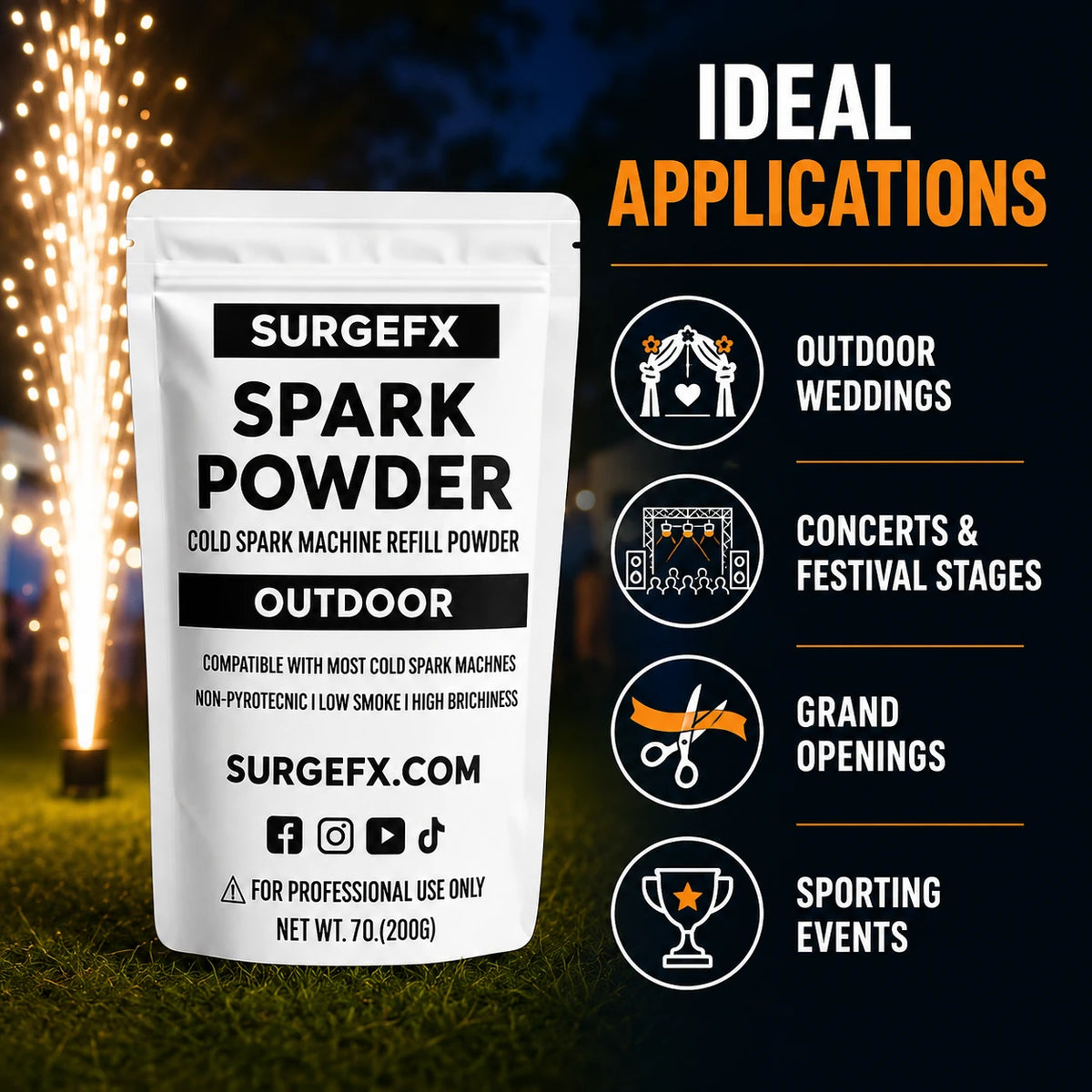 Cold Spark Powder Outdoor Edition ideal applications including outdoor weddings, concerts and festival stages, grand openings, and sporting events.