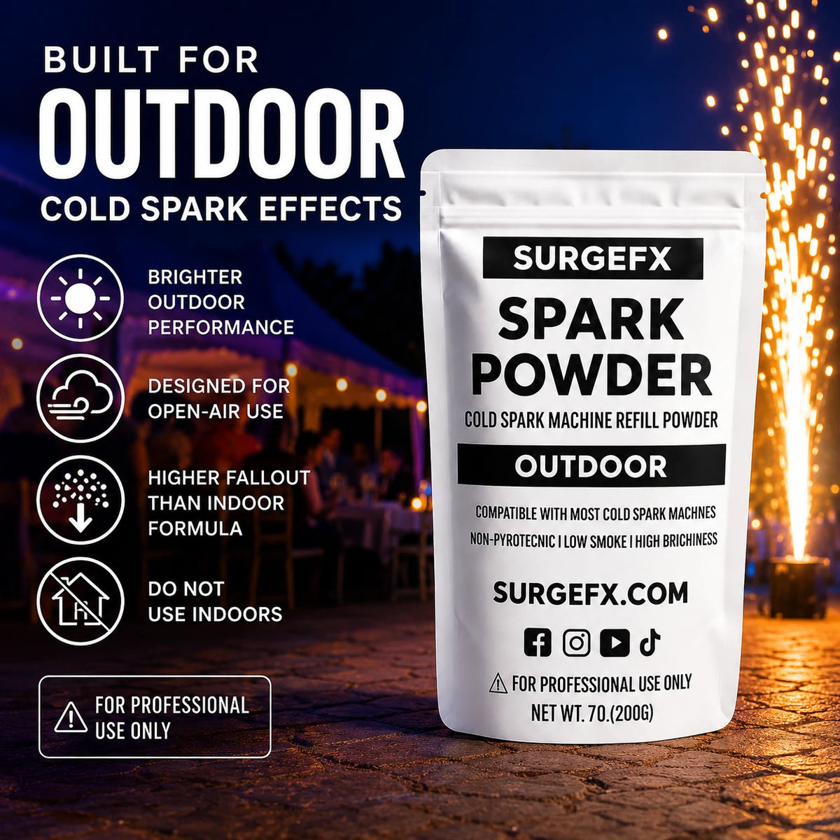 Cold Spark Powder Outdoor Edition promoting brighter outdoor cold spark effects and open-air performance.
