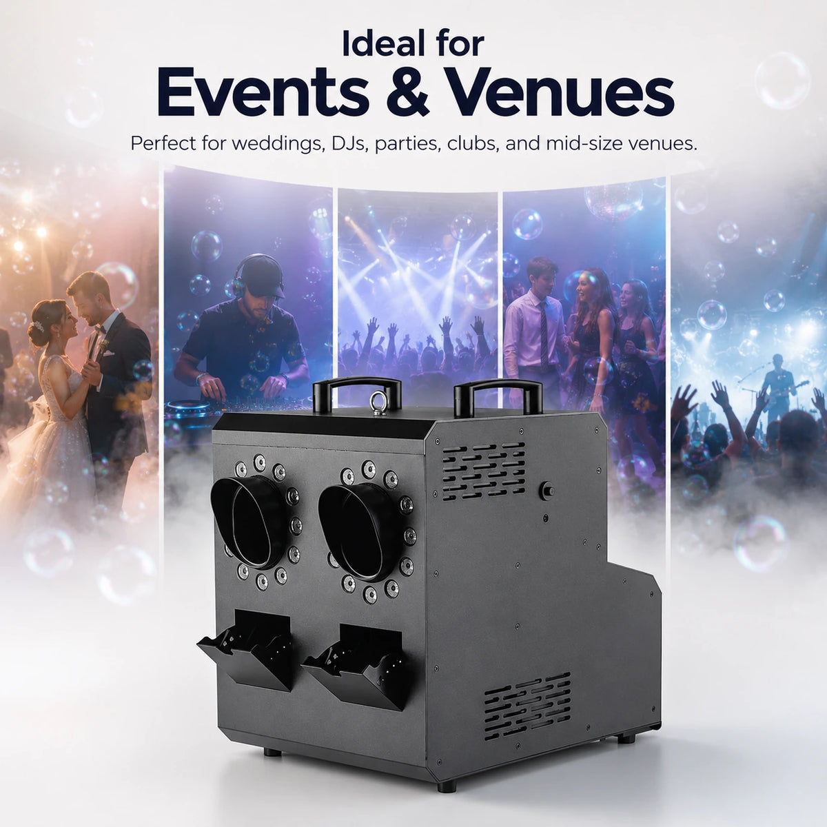 Cosmos2 two-head RGB fog and bubble machine shown as an event-ready effect for parties and productions.