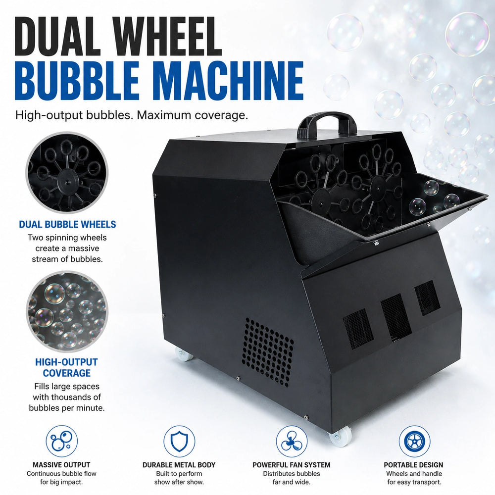 SurgeFX Cyclone bubble machine dual-wheel bubble output design.