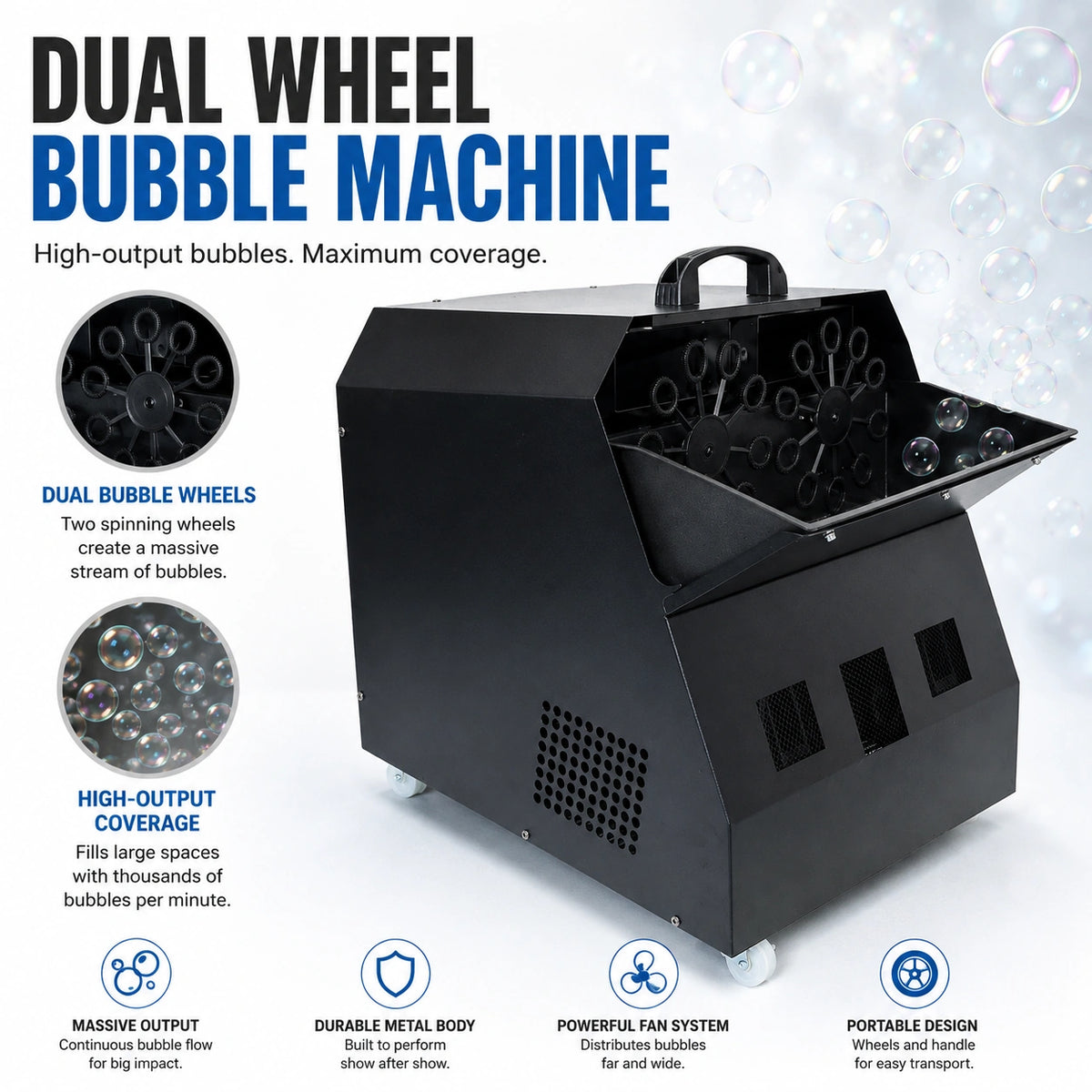 SurgeFX Cyclone bubble machine dual-wheel bubble output design.
