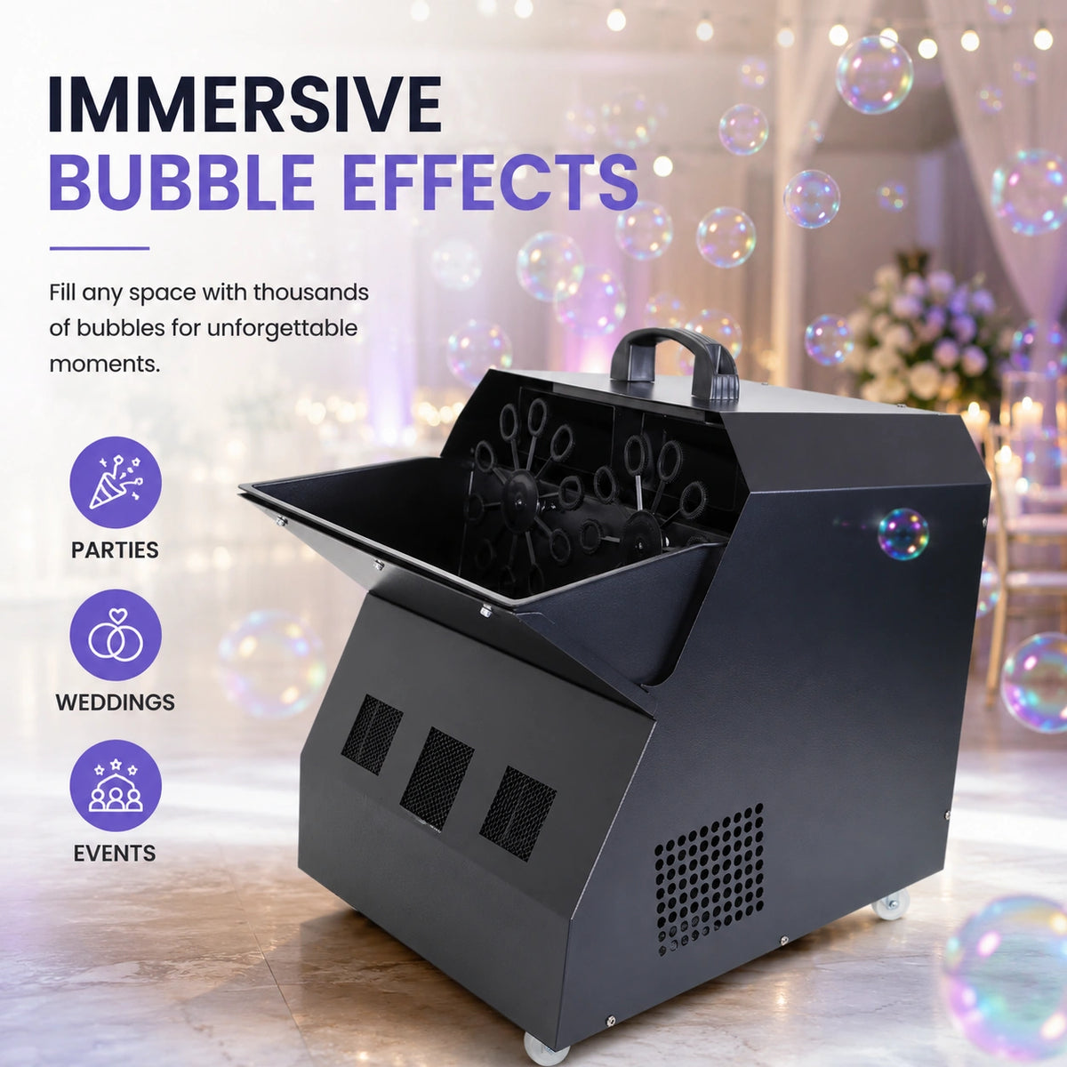 SurgeFX Cyclone bubble machine creating immersive bubble effects.