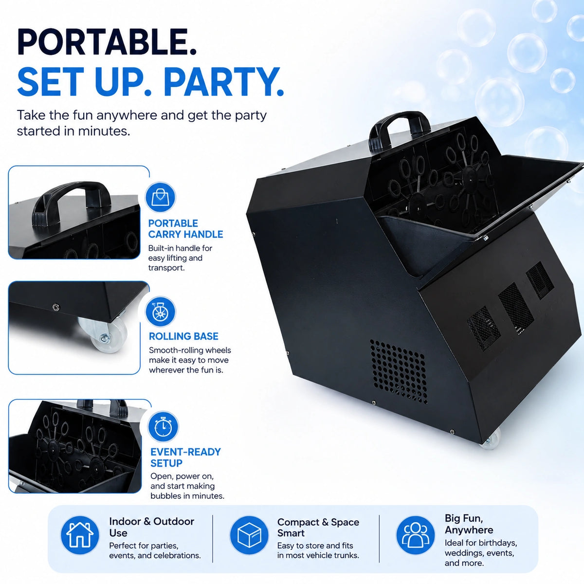 SurgeFX Cyclone bubble machine for portable event and DJ setups.