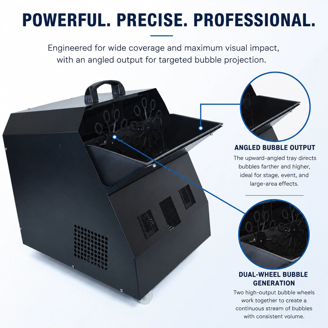 SurgeFX Cyclone bubble machine key features, 2.5L tank, remote/manual control, and bubble-only output.