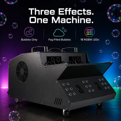 Cyclone twin-rotor machine highlighting bubbles, fog-filled bubbles, and integrated RGBW lighting.