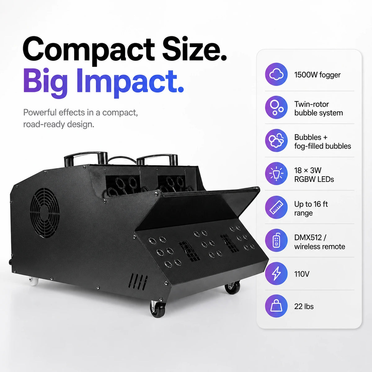 Cyclone compact twin-rotor fog bubble machine with key performance specifications.