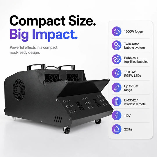 Cyclone compact twin-rotor fog bubble machine with key performance specifications.