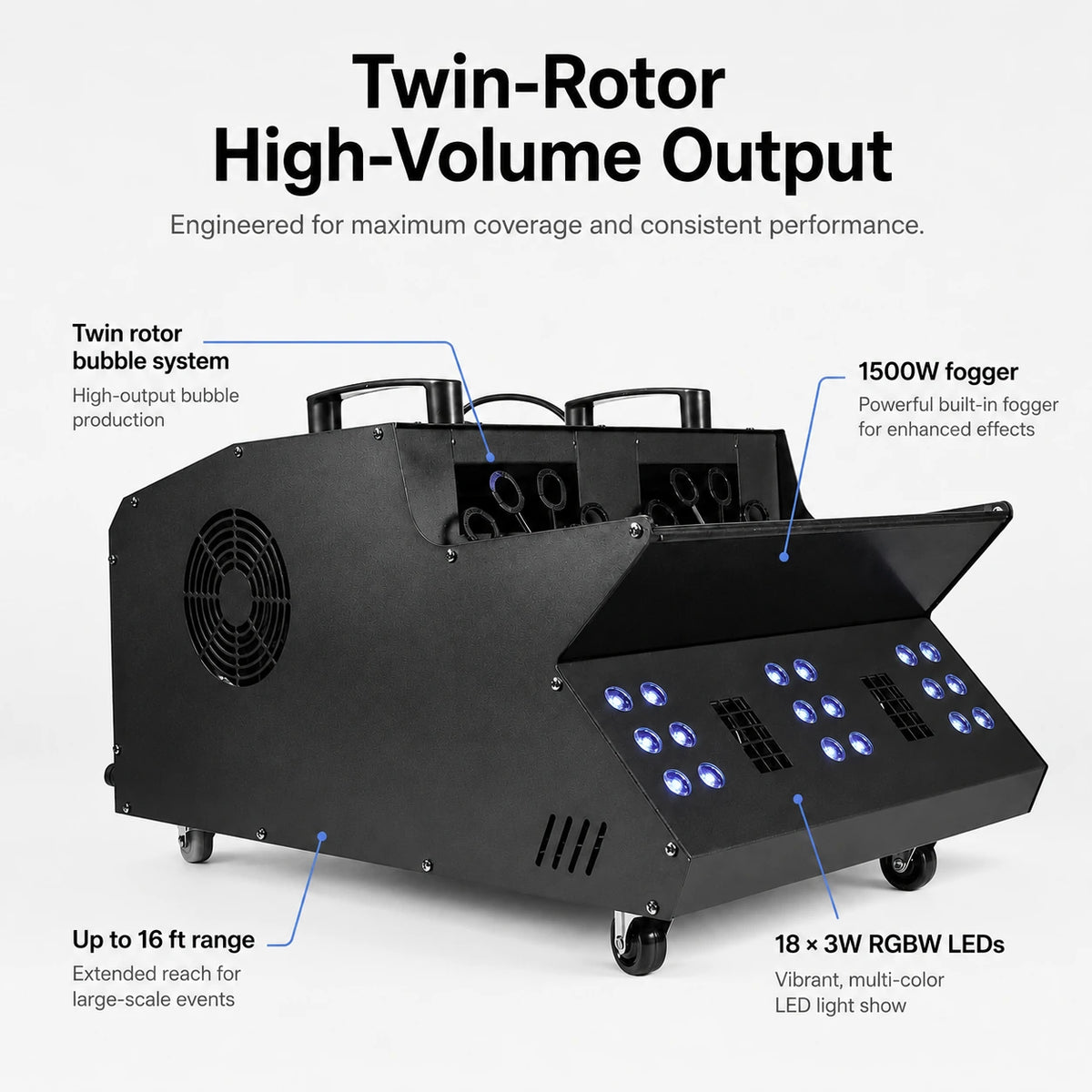 Cyclone twin-rotor fog bubble machine with high-volume output, 1500 watt fogger, RGBW LEDs, and up to 16-foot range.