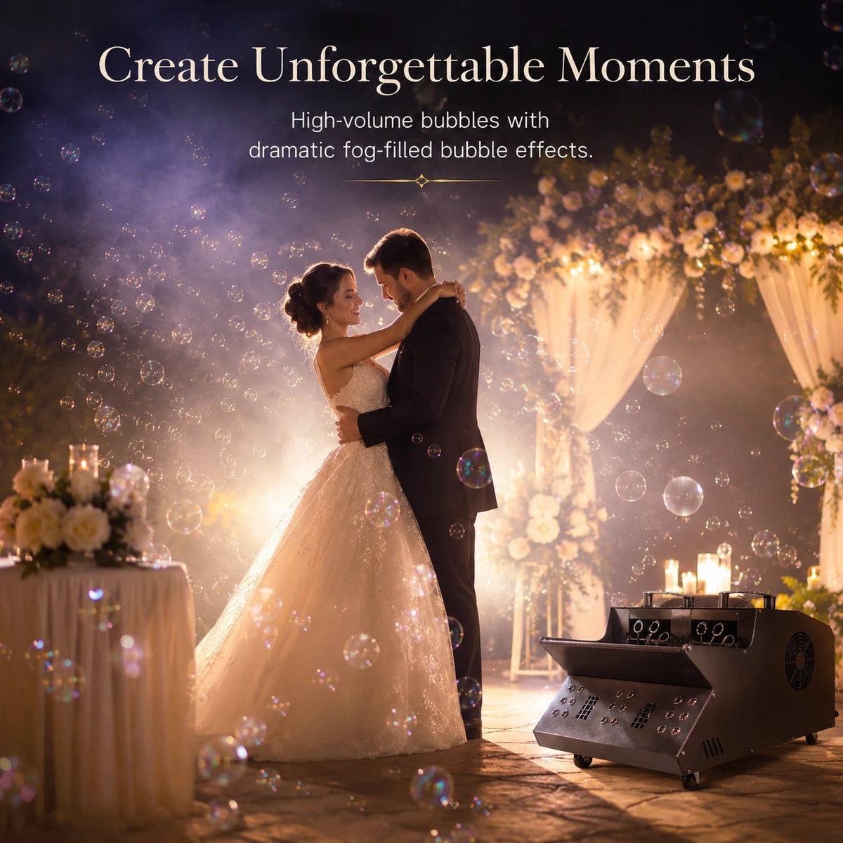 Cyclone fog bubble machine creating a high-volume bubble effect during a wedding reception.