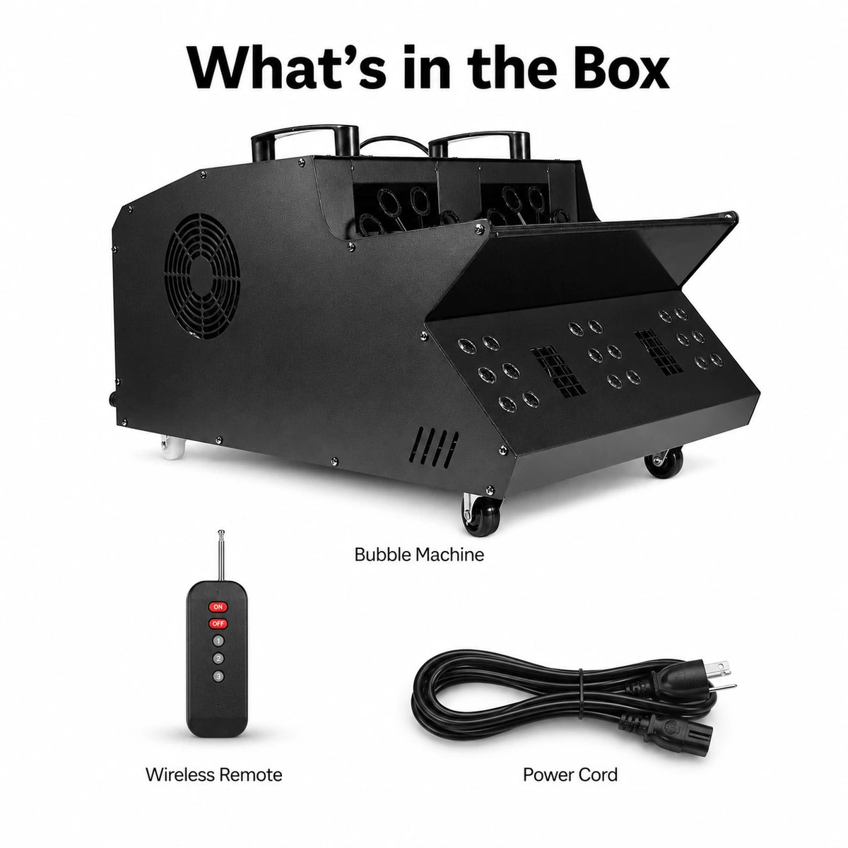 Cyclone fog bubble machine package contents with wireless remote and power cord.