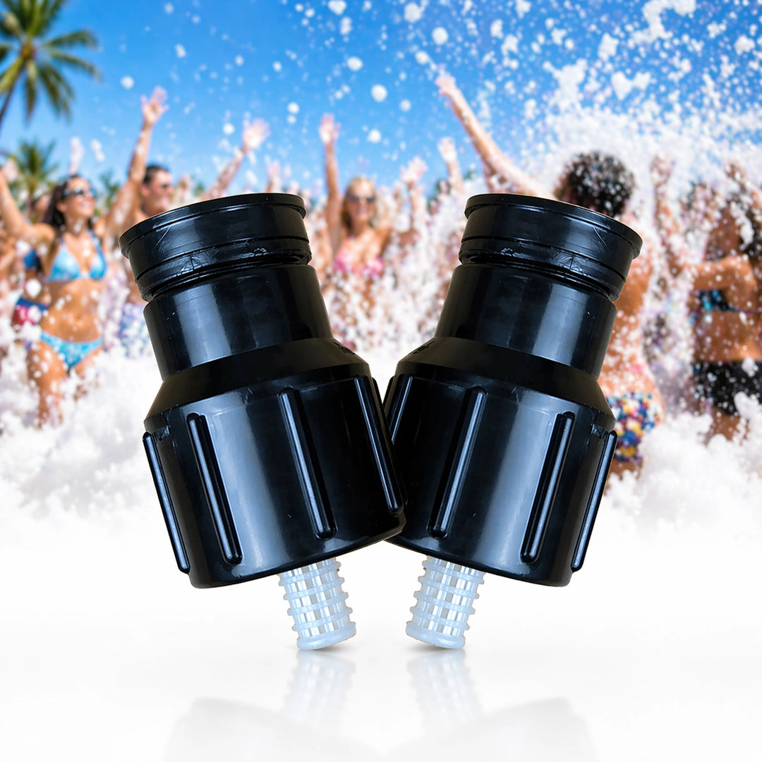 Two black nozzles with a beach party background