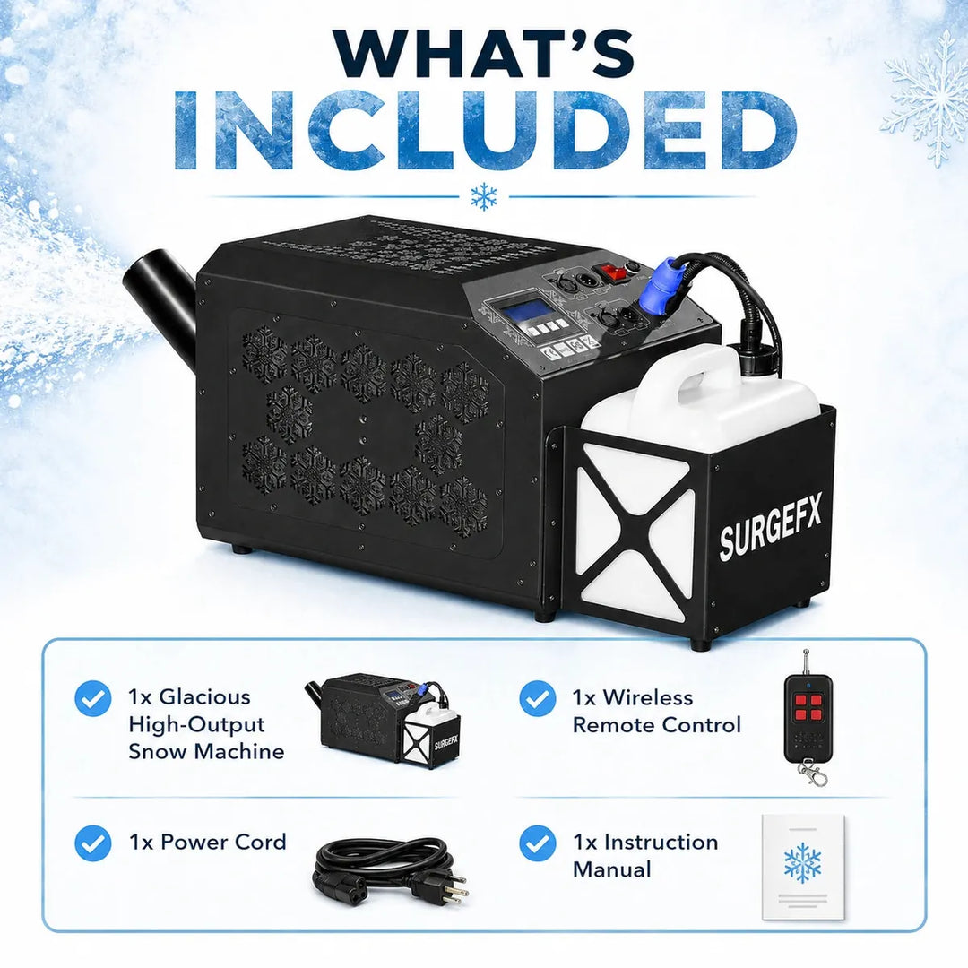 SurgeFX Glacious high-output snow machine use case graphic for holiday parties, church services, stage productions, mobile DJs, rental companies, and photo and video shoots