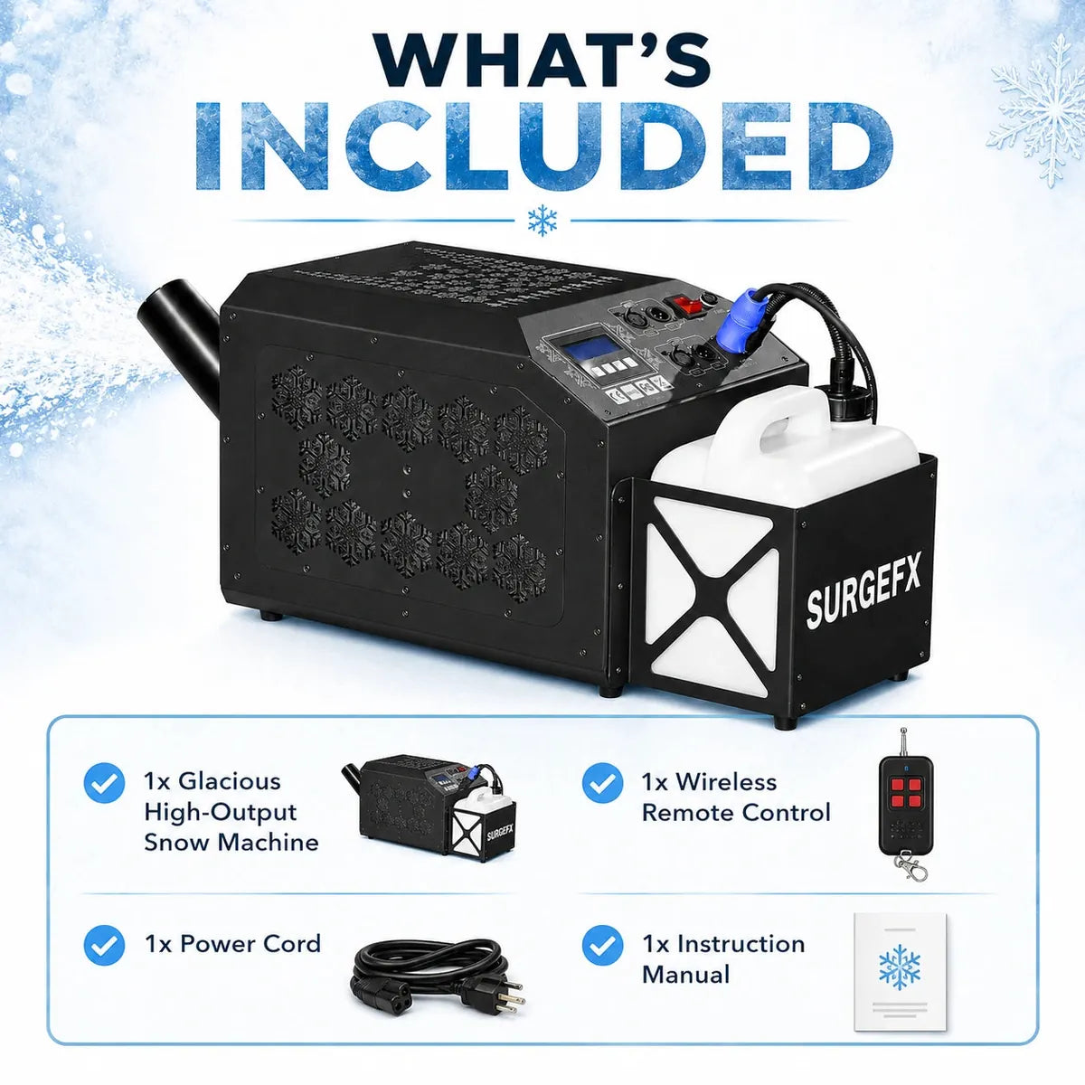 SurgeFX Glacious high-output snow machine use case graphic for holiday parties, church services, stage productions, mobile DJs, rental companies, and photo and video shoots