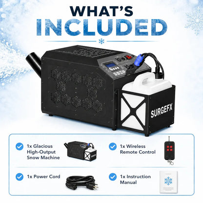SurgeFX Glacious high-output snow machine use case graphic for holiday parties, church services, stage productions, mobile DJs, rental companies, and photo and video shoots