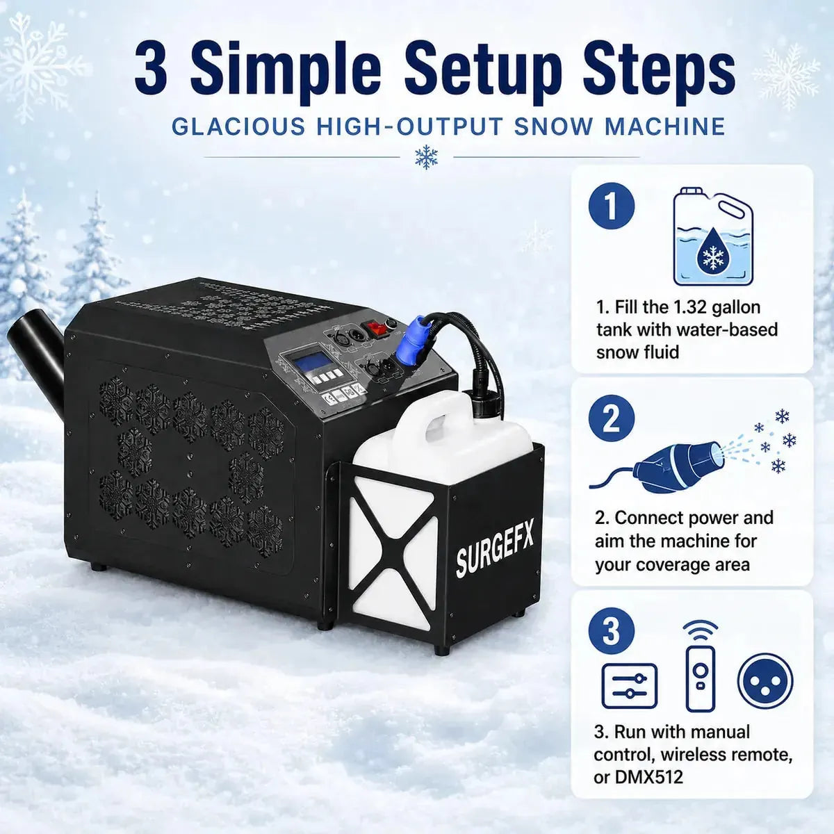 SurgeFX Glacious high-output snow machine setup guide with three simple operation steps