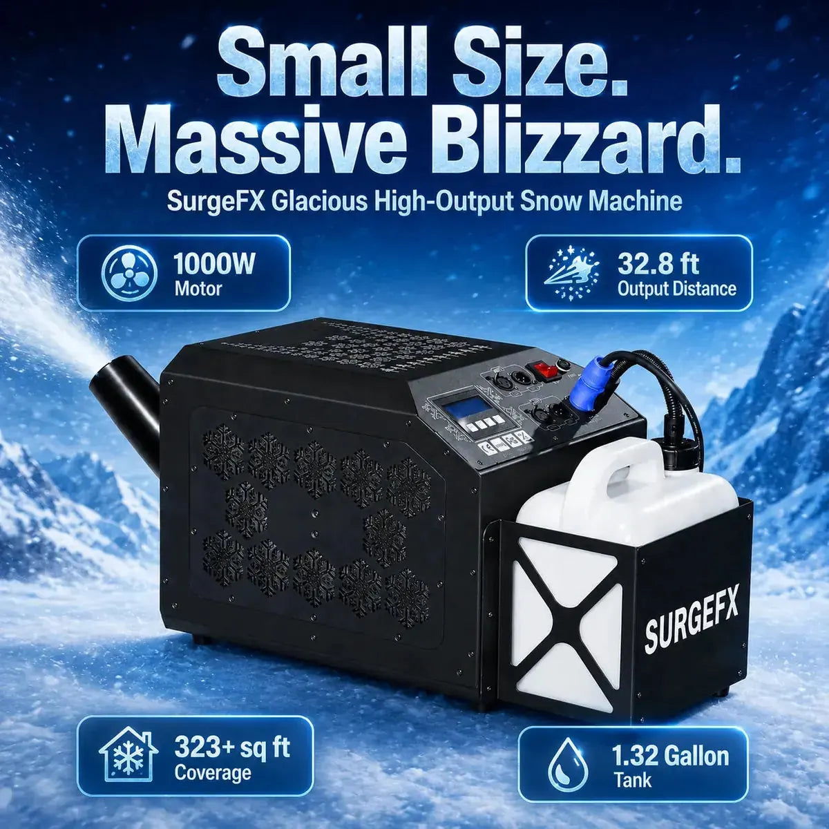 SurgeFX Glacious high-output snow machine infographic highlighting 1000W motor, 32.8 ft output distance, 323+ sq ft coverage, and 1.32 gallon tank