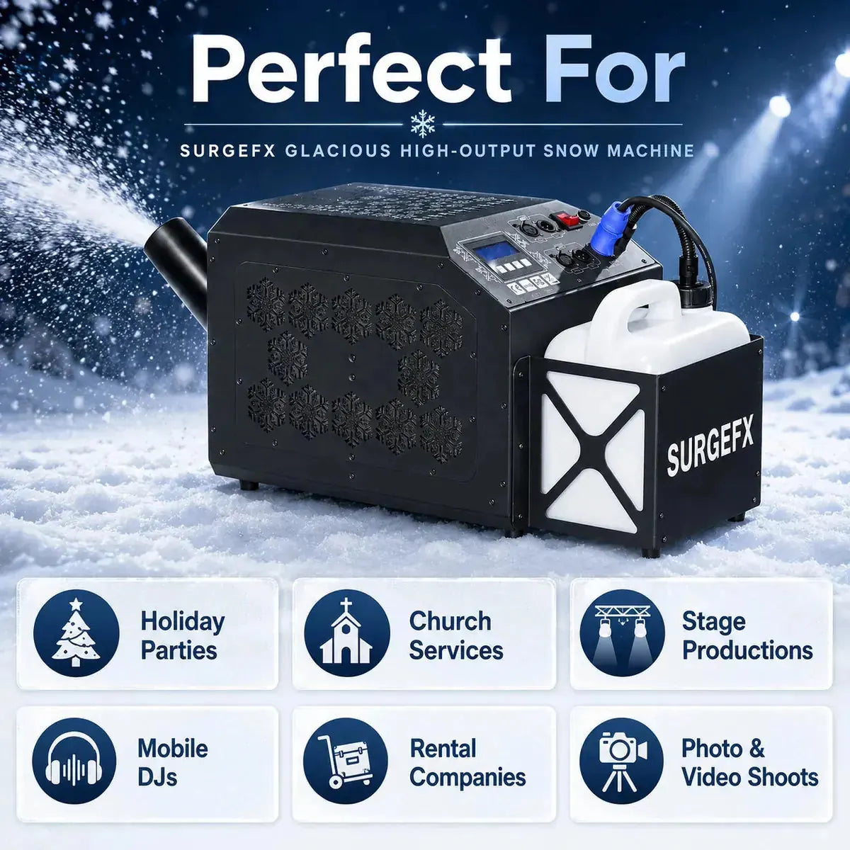 SurgeFX Glacious high-output snow machine included items graphic with machine, wireless remote control, power cord, and instruction manual