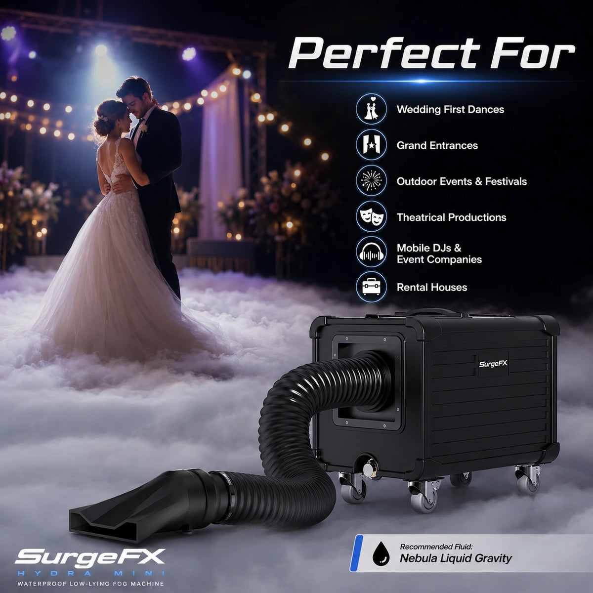 Ideal applications graphic for SurgeFX Hydra Mini showing wedding first dances, grand entrances, outdoor events and festivals, theatrical productions, mobile DJs, event companies, and rental houses
