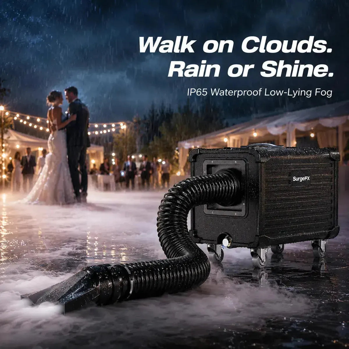 SurgeFX Hydra Mini creating low-lying fog for an outdoor wedding first dance in rainy conditions