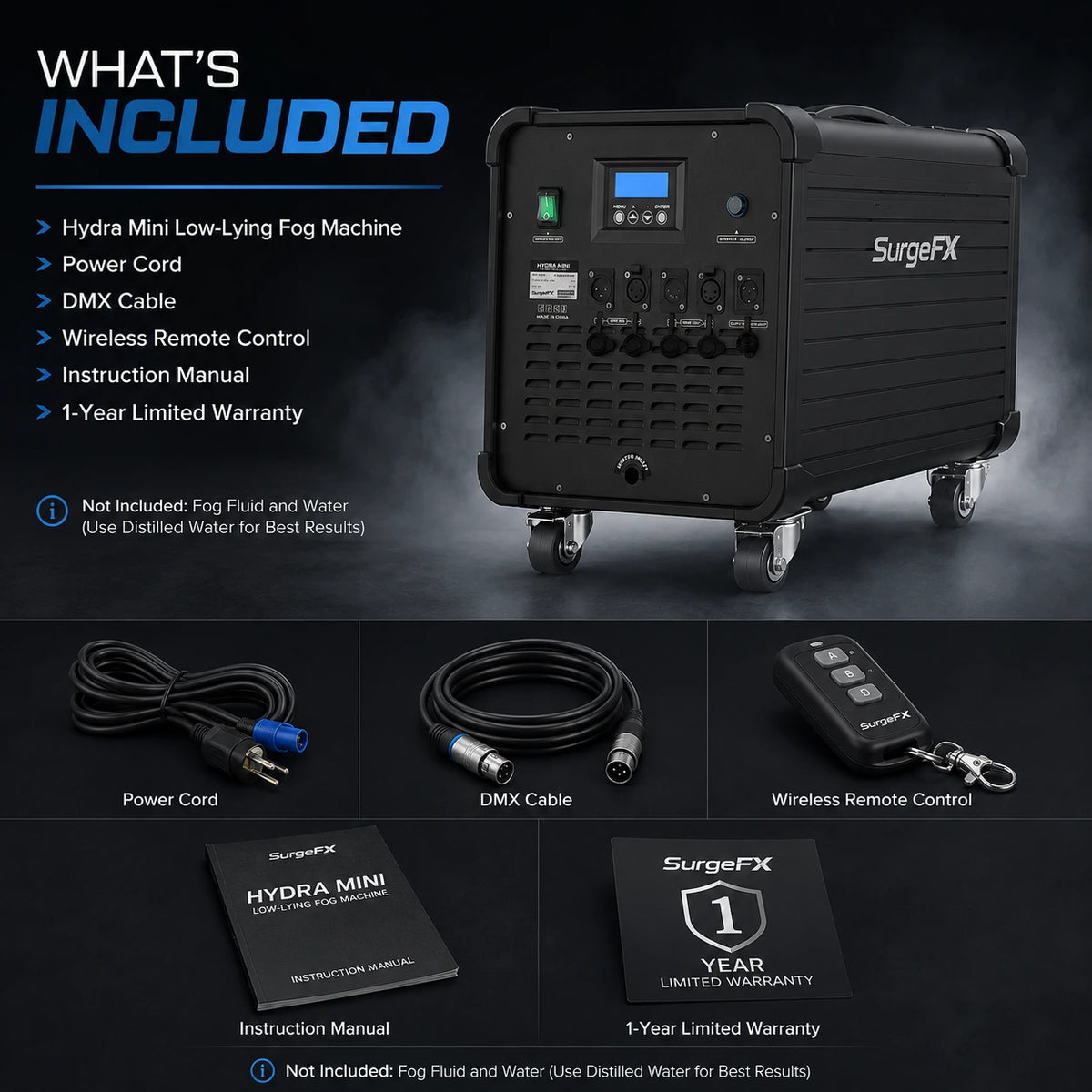 What's included graphic for SurgeFX Hydra Mini showing the low-lying fog machine, power cord, DMX cable, wireless remote control, instruction manual, and 1-year limited warranty