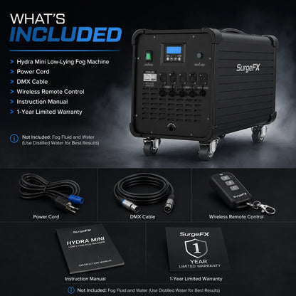 What's included graphic for SurgeFX Hydra Mini showing the low-lying fog machine, power cord, DMX cable, wireless remote control, instruction manual, and 1-year limited warranty