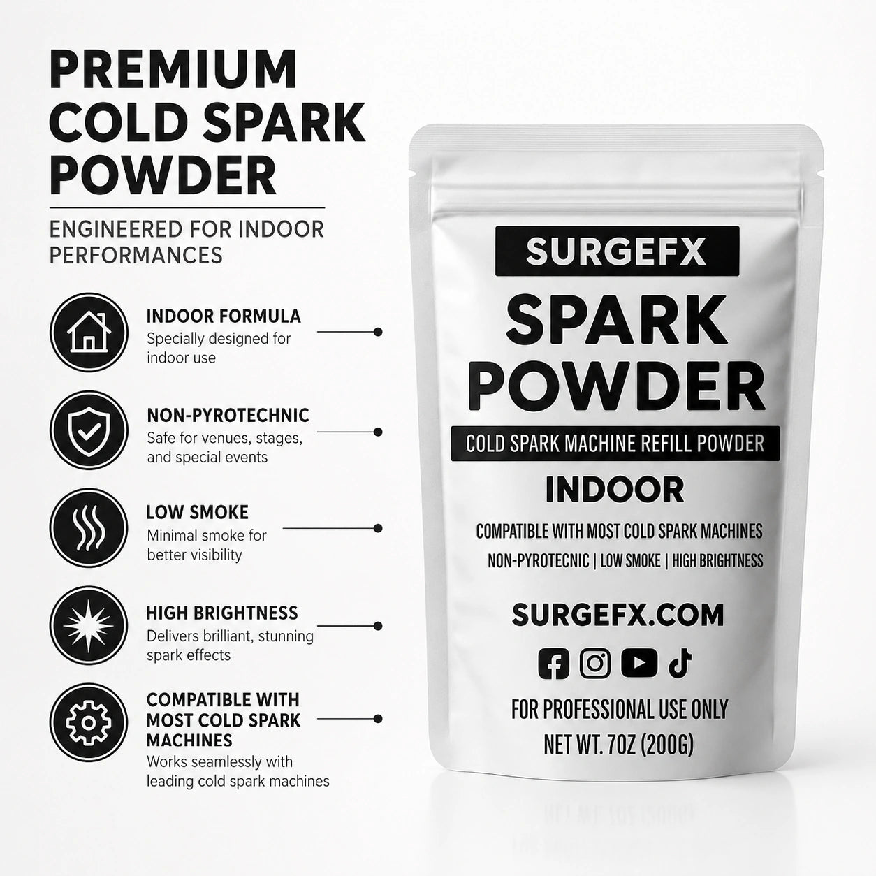 SurgeFX Indoor Cold Spark Powder features