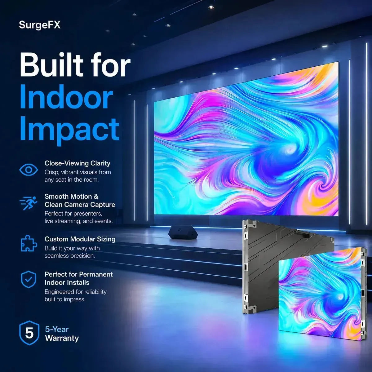 SurgeFX indoor LED video wall panels installed in an indoor stage environment with callouts for close-viewing clarity, smooth motion, modular sizing, permanent indoor installs, and 5-year warranty