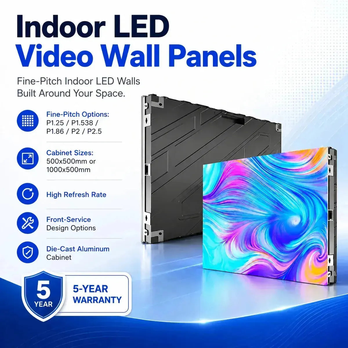 SurgeFX indoor LED video wall panels overview graphic showing fine-pitch options, cabinet sizes, high refresh rate, front-service design, die-cast aluminum cabinet, and 5-year warranty
