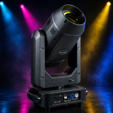 Dramatic studio product image with colorful stage light beams behind the Kraken moving head