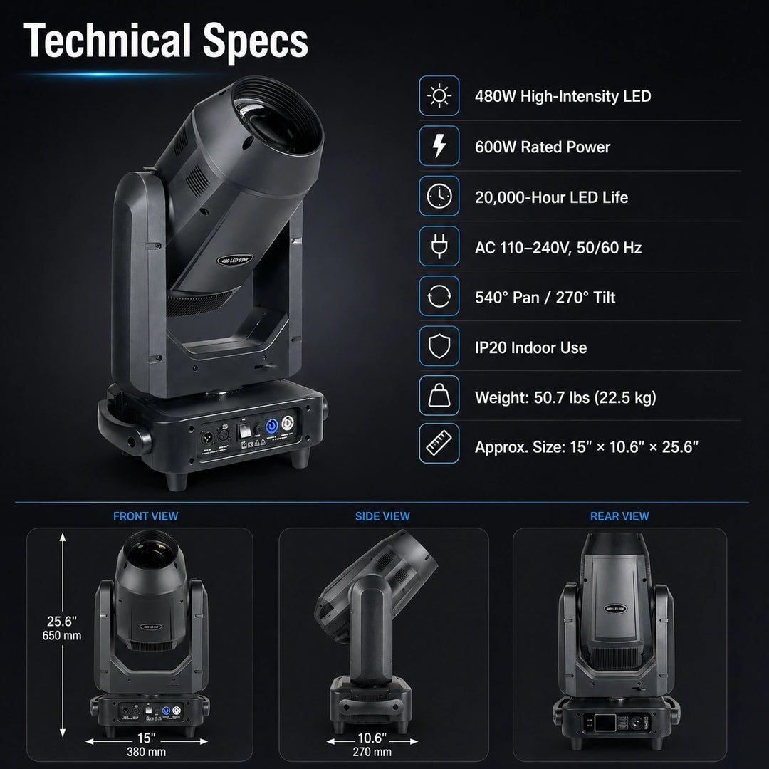 Technical specifications infographic with 480W LED, 600W rated power, 20,000-hour LED life, AC 110-240V input, pan/tilt, weight, and dimensions
