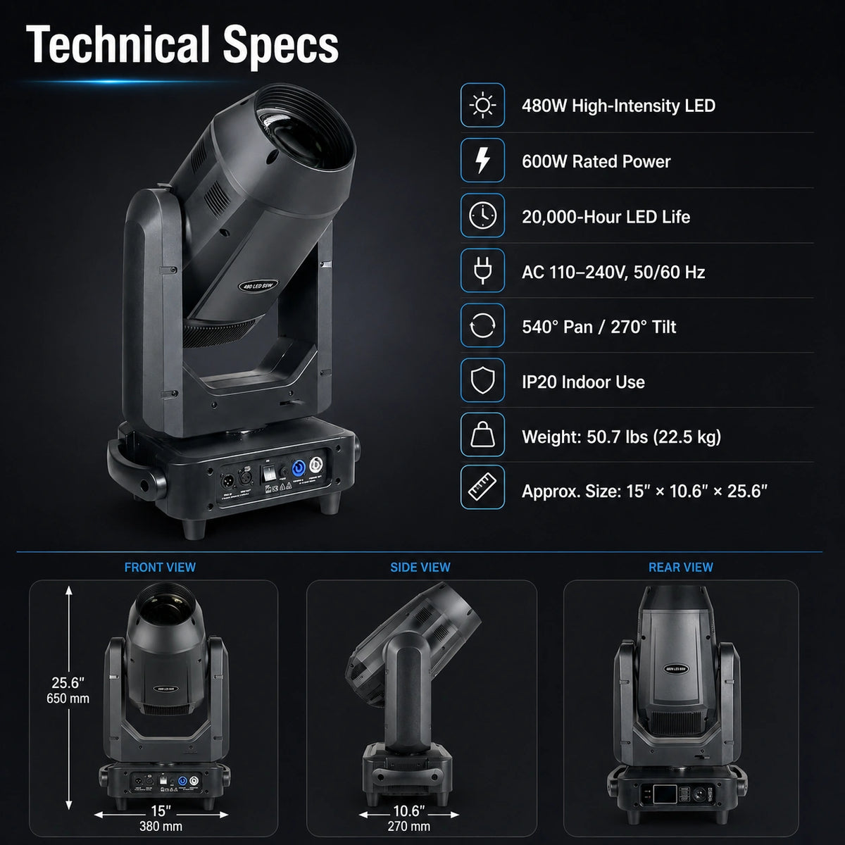 Technical specifications infographic with 480W LED, 600W rated power, 20,000-hour LED life, AC 110-240V input, pan/tilt, weight, and dimensions