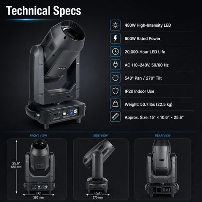 Technical specifications infographic with 480W LED, 600W rated power, 20,000-hour LED life, AC 110-240V input, pan/tilt, weight, and dimensions