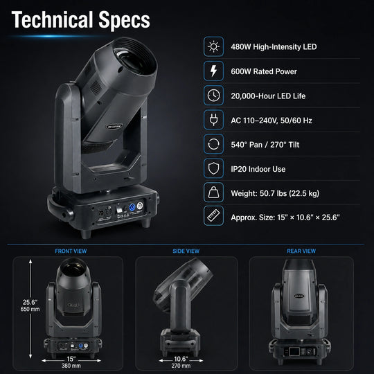Technical specifications infographic with 480W LED, 600W rated power, 20,000-hour LED life, AC 110-240V input, pan/tilt, weight, and dimensions