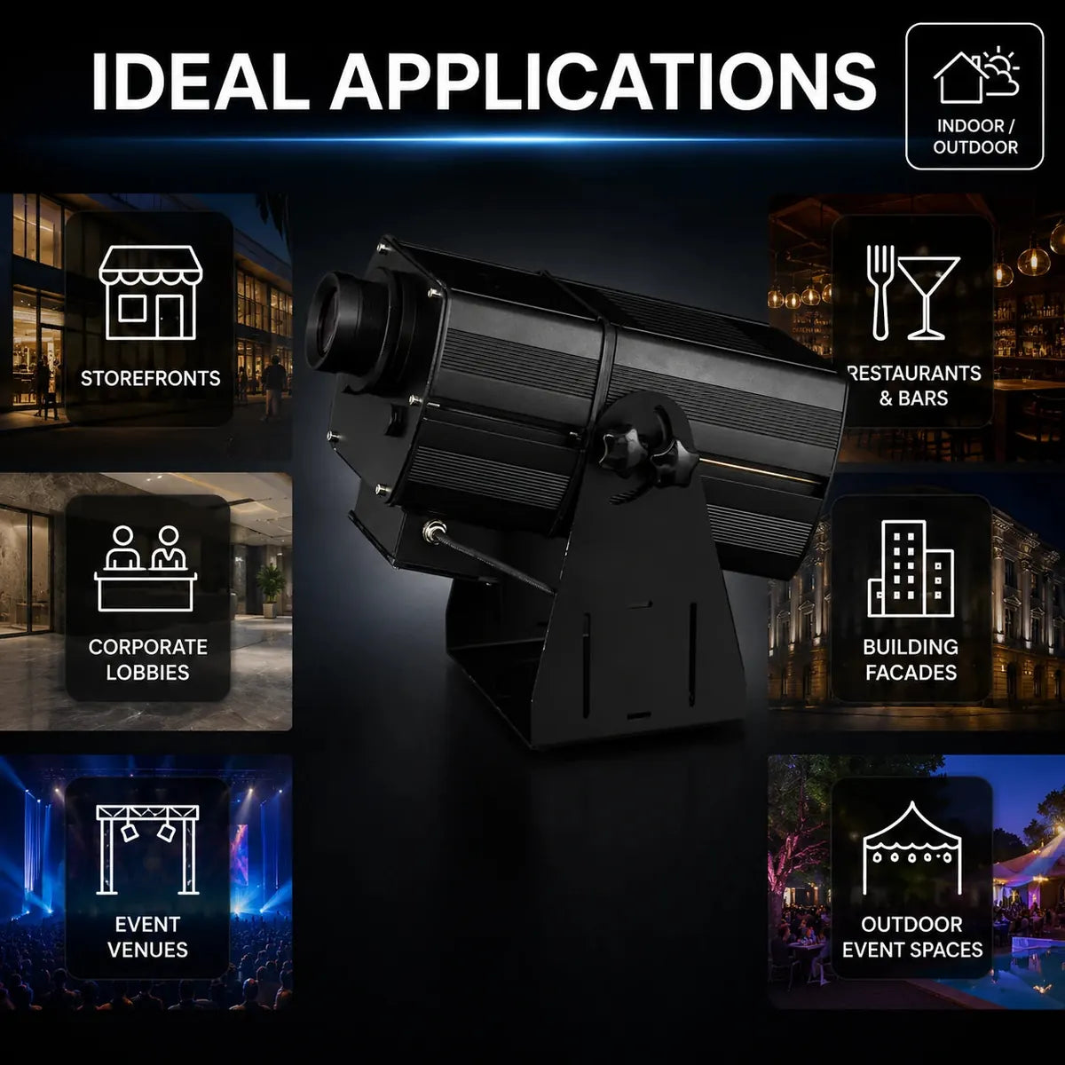 Ideal applications graphic for the SurgeFX Logo Pro 350 showing storefronts, corporate lobbies, event venues, restaurants, bars, and outdoor branding spaces